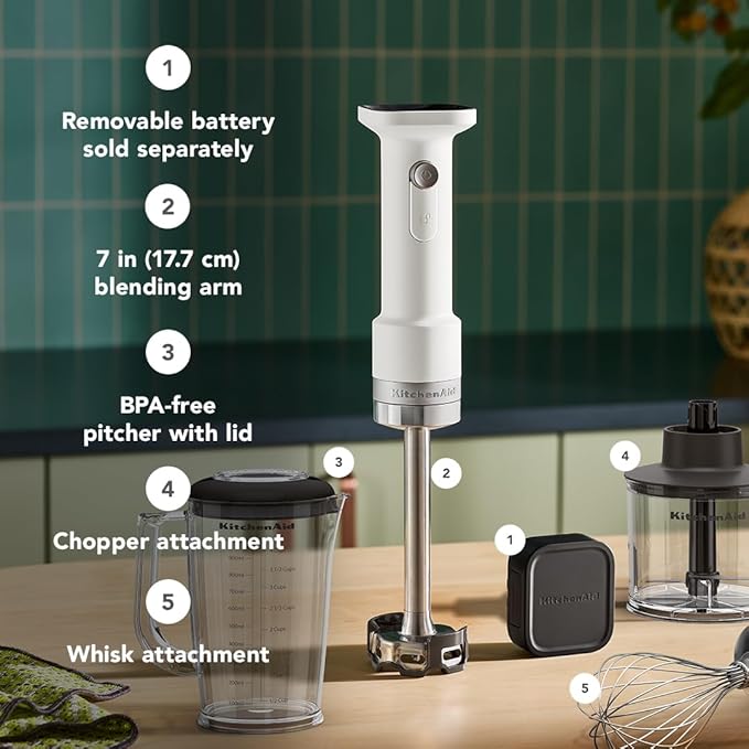 KitchenAid Go Cordless Hand Blender with Accessories - battery sold separately, KHBRV05, Porcelain White