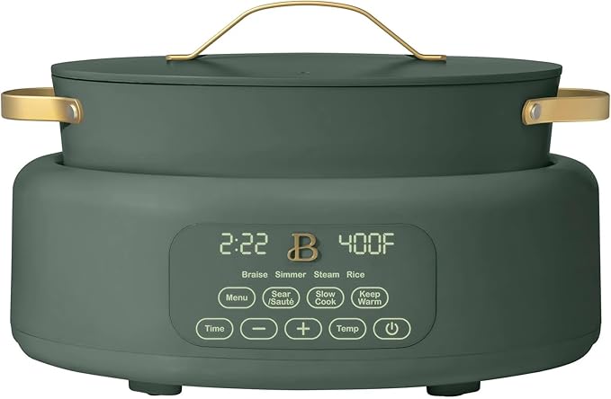 Beautiful 10-in-1 Electric Multi-Cooker by Drew Barrymore, 6-quart, digital display, 10 cooking functions, non-stick pot, easy one-touch control (Thyme Green)