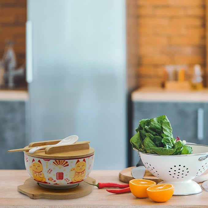 XWORLD Japanese Ceramic Ramen Noodle Bowls Set with Ceramic Spoon, Bamboo Chopsticks, Lid & Trivet, Serving Capacity of 33.8 OZ, Microwavable Oven Safety (3.3” x 6.6” D) (Lucky Cat)