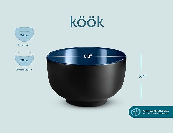 KooK Ramen Bowl, Japanese Bowls, Noodle Bowls, Large Soup Bowl, Ceramic, Large Capacity, For Ramen, Pho, Udon, Soba, Microwave and Dishwasher Safe, 34 oz, Set of 4 (Black/Navy)