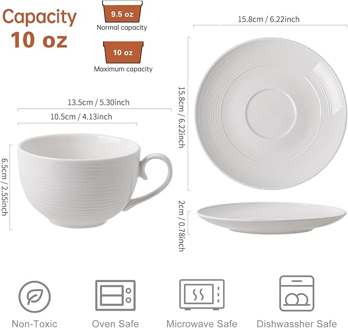 10 oz Cappuccino Cups with Saucers, Ceramic Espresso Coffee Cups Set of 4, White Latte Cup and Saucer, Elegant Tea Mugs Set, Microwave Dishwasher Safe Drinkware for Cafe, Housewarming Gift