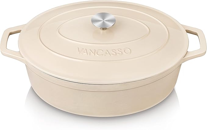 vancasso Enameled Cast Iron Dutch Oven, 9.3 Quart Dutch Oven Pot with Lid, Oval Cast Iron Pot with Non Stick Enamel Coating for Bread Baking, White