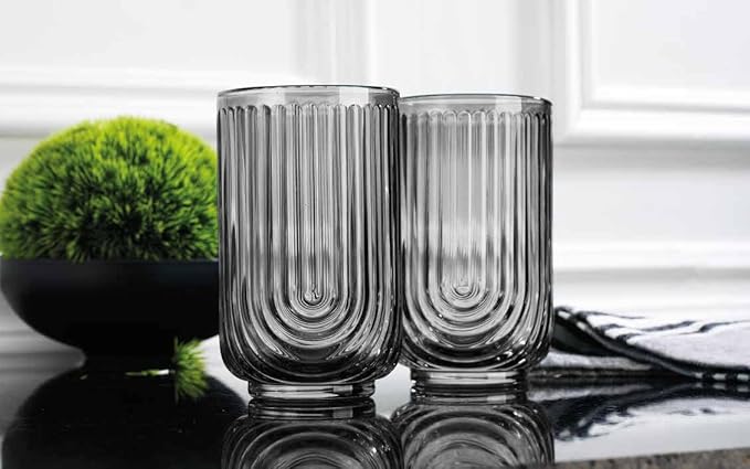 Vintage Glassware Art Deco Highball Glasses Set of 4 Smoke Ribbed Drinking Glasses 17 Oz Black U-Shape Arch Design Colored Cocktail Kitchen Tumblers