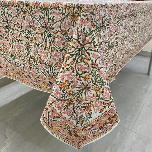 Ridhi Sassy Salmon Pink Hand Block Print Cotton Rectangle Tablecloth 160 x 72 inch-Reusable Table Cover Decorative Everyday Use for Dining Room, Farmhouse, Thanksgiving, Christmas Wedding, Fall