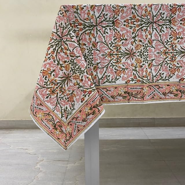 Ridhi Sassy Salmon Pink Hand Block Print Cotton Rectangle Tablecloth 190 x 72 inch-Reusable Table Cover Decorative Everyday Use for Dining Room, Farmhouse, Thanksgiving, Christmas Wedding, Fall