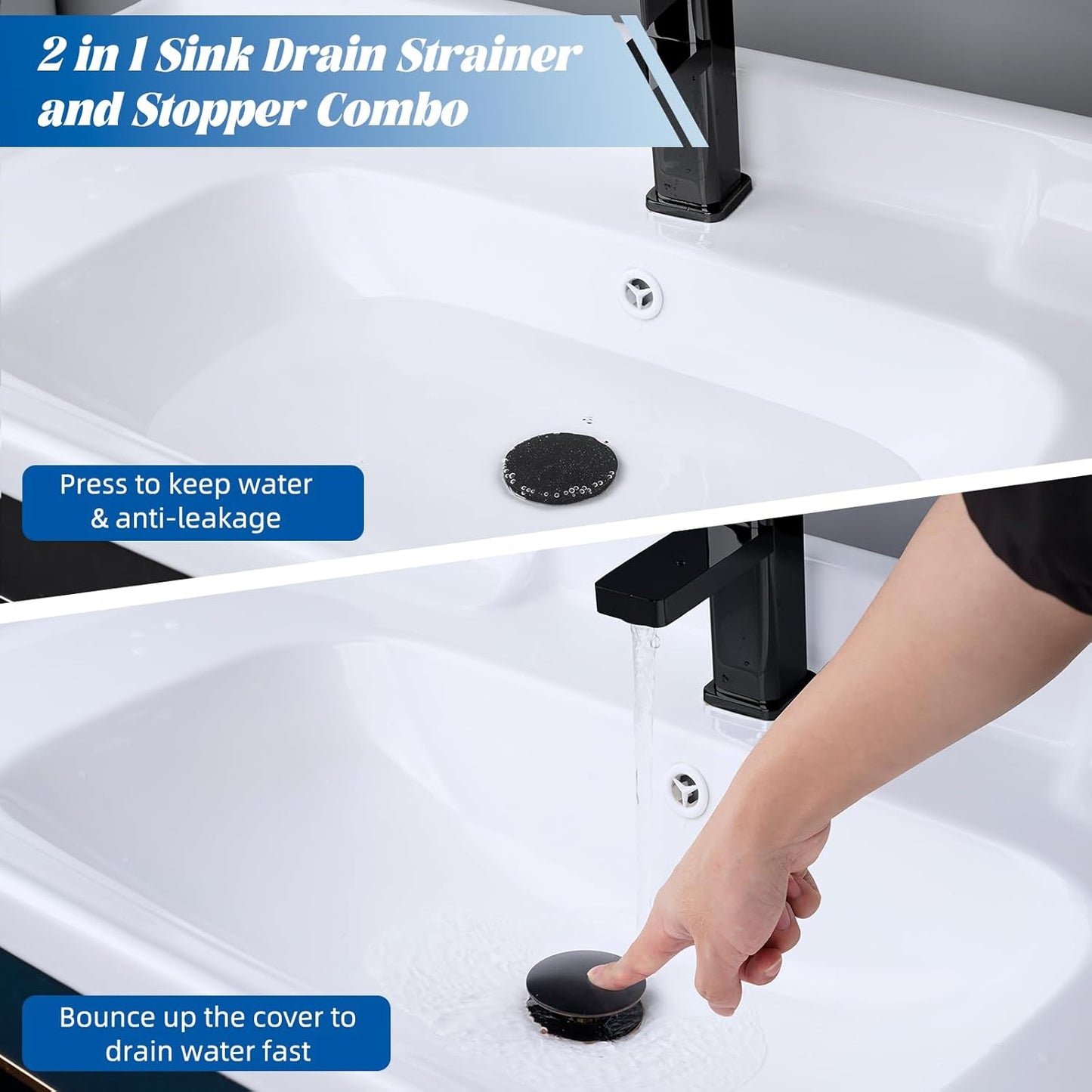 Hibbent All Metal 2 in 1 Bathroom Sink Stopper, Universal Pop Up Drain Strainer, Brass Bullet Core Push Type Sink Stopper for 1.1''~2.3'' Basin, Big Push Button, Anti Clogging Filter, Matte Black