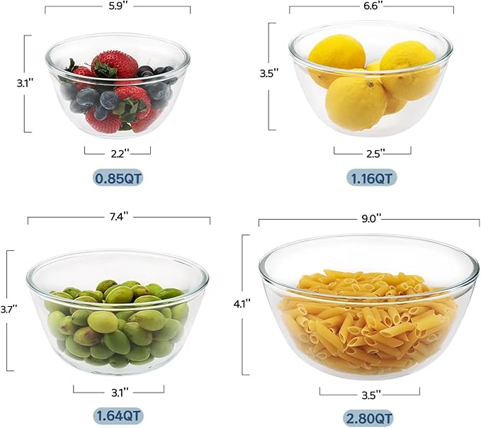4pc Glass Mixing Bowls Sets (2.80QT, 1.64QT, 1.16QT, 0.85QT), Nesting Mixing Bowls for Cooking Prep, Baking, Storage, Large Salad Bowls Sets-Dishwasher Microwave Freezer Safe