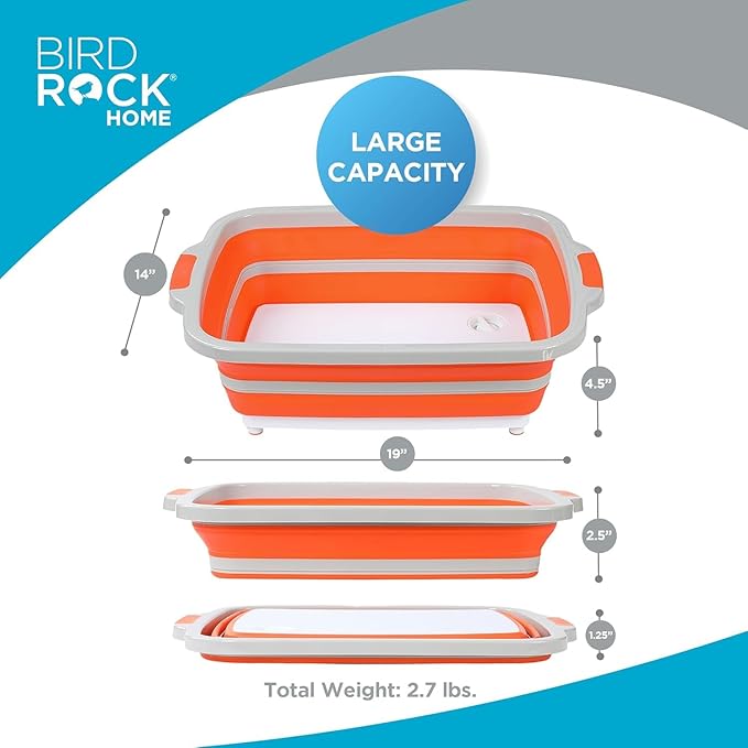 BIRDROCK HOME 2-pack Collapsible BBQ Prep Tub w/Cutting Board, Multi-Function Grill Caddy w/Colander & Lid, Portable Silicone Dish Bowl for Picnic, Tailgate, Camping (Orange, Large)