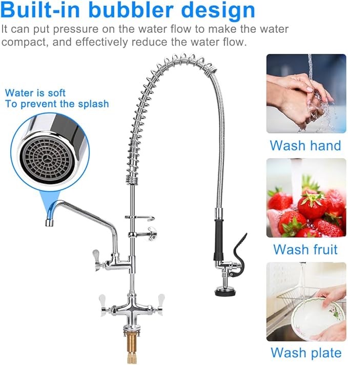 36 Inch Height Deck Mount Commercial Faucet with Pre Rinse Sprayer, Single Hole Commercial Pre Rinse Restaurant Kitchen Faucet with 12” Swing Spout for Commercial Restaurant Home Kitchens Sink
