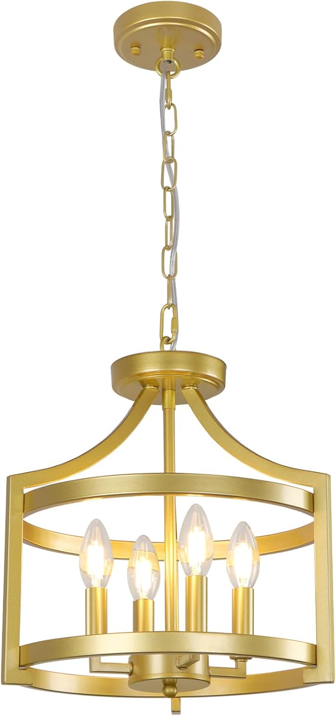 4-Light Chandelier, Gold Semi Flush Mount Ceiling Light Fixture Convertible Hanging Kitchen Pendant Lighting Over Island, Farmhouse Small Lantern Chandeliers for Dining Room Foyer Entryway