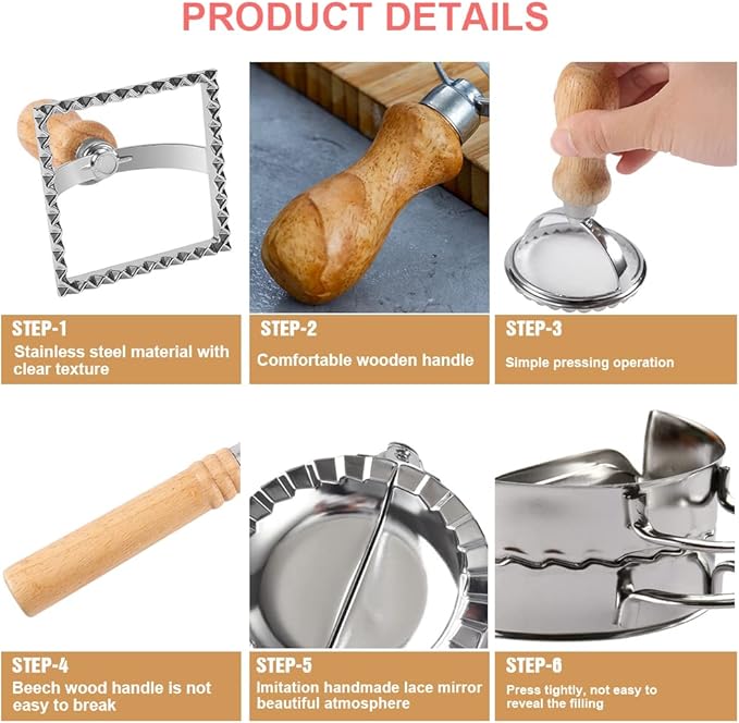 Ravioli Pasta Cutter Wheel Set of 5, Ravioli Makers with Roller Ravioli Stamp Cutter Set with Wooden Handle, Pasta Press Wheel Pasta Maker Tools For Pasta Making Dumplings, Pierogi (Silver)