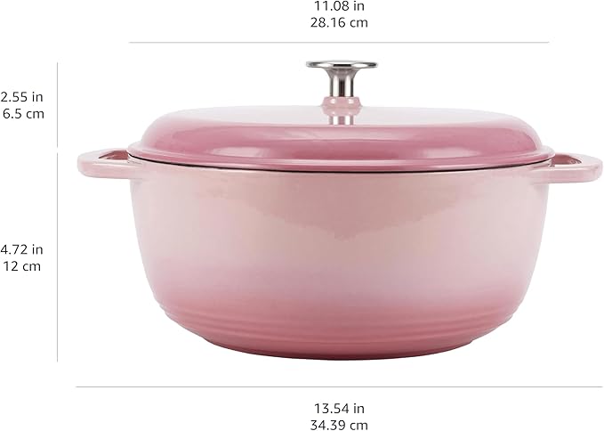 Amazon Basics Cast Iron Dutch Oven Pot with Lid, Enameled, Round, Dual Handles, Heavy-Duty, Medium, 6-Quart, Light Pink