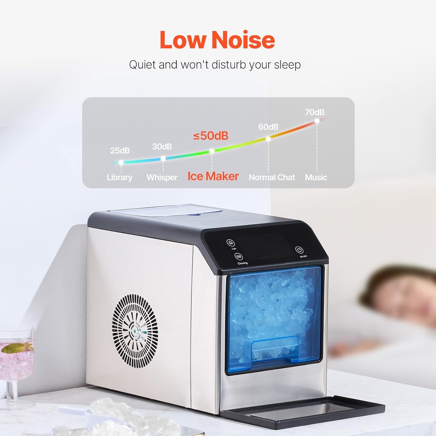 VEVOR Nugget Ice Maker, 33lbs/24H Pebble Ice Maker with Self Cleaning, Chewable Ice Maker with Ice Scoop & Drip Tray, Stainless Steel Ice Machine with Convenient Ice Transfer for Home Kitchen Office