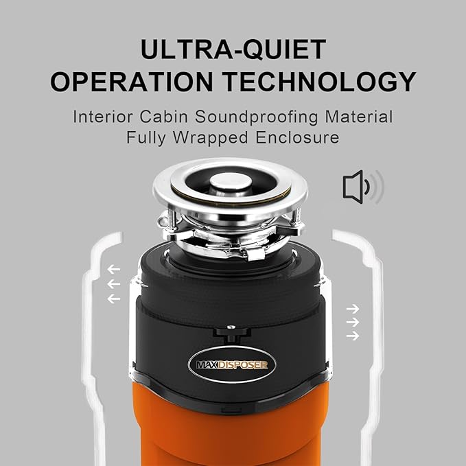 Garbage Disposal 1 HP Ultra Quiet Intelligent Auto-Reverse Function Continuous Feed Food Waste Disposer with Power Cord Easy install, AC Motor Stainless Steel Grind 1 Horsepower (MAX-6)