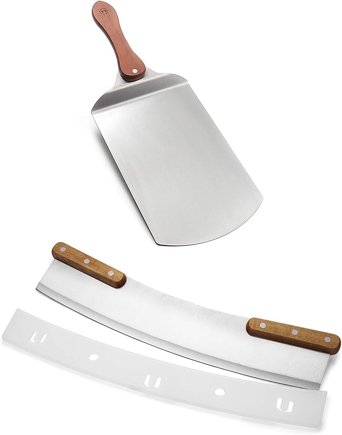 Outset Pizza Peel and Rocking Cutter Tool, 2- Piece Set, Stainless Steel With Wood Handle
