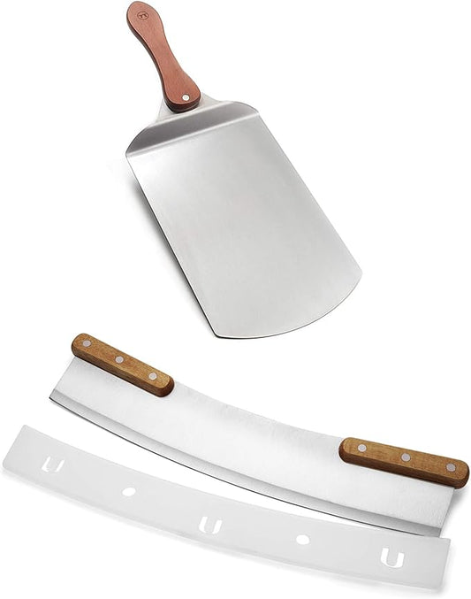 Outset Pizza Peel and Rocking Cutter Tool, 2- Piece Set, Stainless Steel With Wood Handle