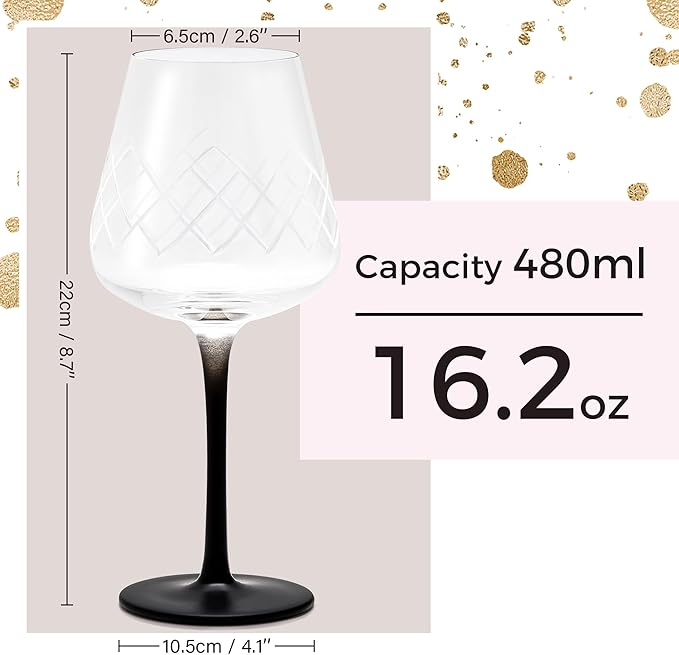 MIAMIO Premium Crystal Wine Glasses, Set of 4 with Black Long Stem Crystaluna Collection (Red Wine)