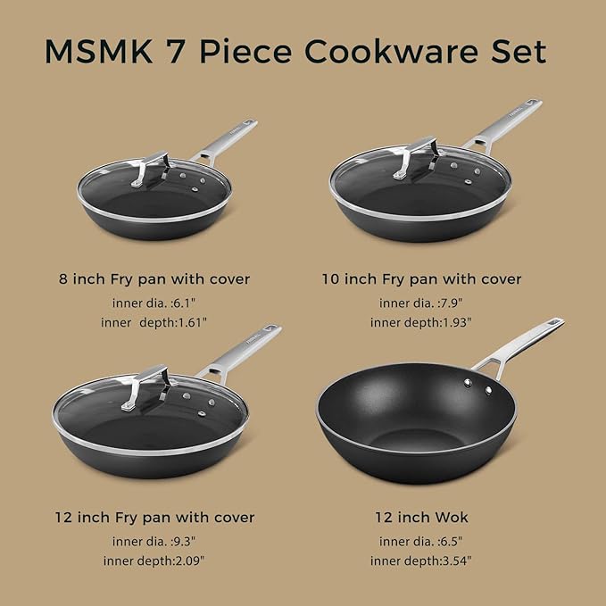 MsMk Non Stick Pans Set 7-Piece, 8, 10, 12 Inch Frying Pans and 12 Inch Induction Wok with Tempered Glass Lids, PRO Heat Distribution, Stay-Cool Handles, Oven Safe 700℉, Compatible with All Cooktops