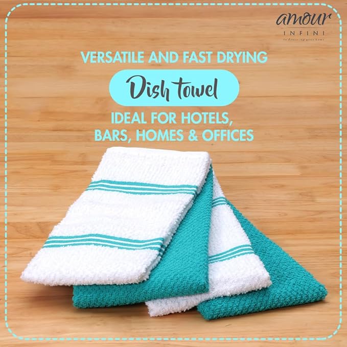 AMOUR INFINI Kitchen Towels Pack of 4 - Absorbent, Quick Drying Premium Cotton Tea Towel - Kitchen Linens 16x28 Inch Dish Towels with Hanging Loop (Turquoise)