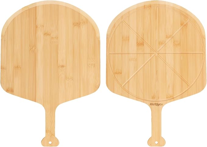 12 inch Natural Bamboo Pizza Peel Set of 2, Double-Sided Use Pizza Cutting Board with 8 Slice Grooves for Pizza, Bread, Cheese, Vegetable, Fruits