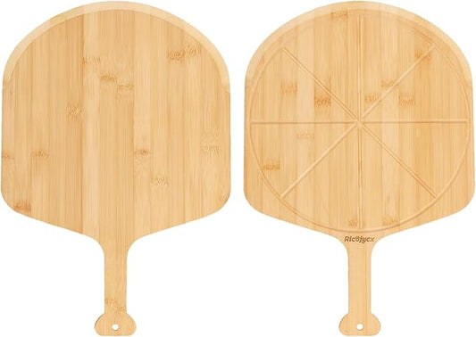 12 inch Natural Bamboo Pizza Peel Set of 2, Double-Sided Use Pizza Cutting Board with 8 Slice Grooves for Pizza, Bread, Cheese, Vegetable, Fruits