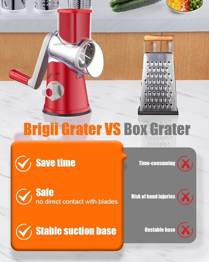 Brigii Rotary Cheese Grater Hand Crank, Cheese Shredder with 3 Drum Blades, Mandoline Slicer, Food Chopper for Hard Cheese, Vegetable, Nuts, Potato