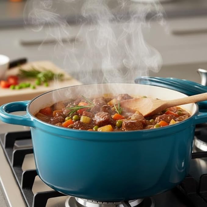 Hamilton Beach 3-Quart Enameled Cast Iron Dutch Oven, Navy with Cream Interior | Even Heat Distribution & Easy-Grip Handles | Ideal for Braising, Roasting,Stewing & Bread Baking