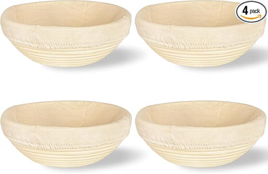 Rattan Proofing Basket Round - 4 Pack 9 Inch Natural Release Handwoven Design with Removable Linen Liners - Easy Clean for Sourdough Beginner Homemade Bread