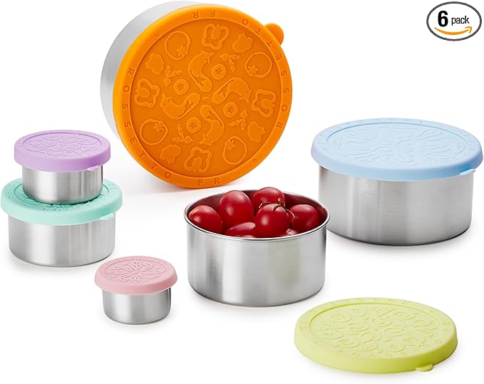 Stainless Steel Food Storage Container, Set of 6, Nesting Bowls with Colorful Lids, stackable leakproof Metal Lunch Box Set for Kids, Daycare, School, Travel. Sauce Salad dressing Container to go