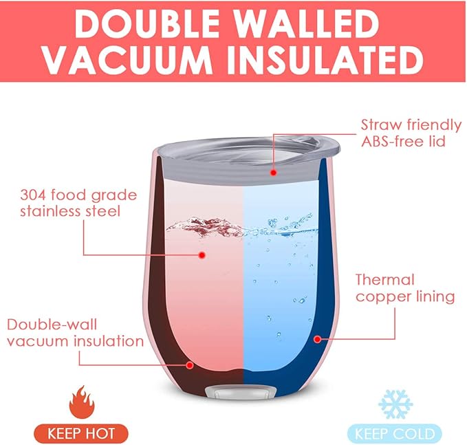 6 Pack 12 oz Stainless Steel Stemless Wine Tumbler with Leakproof Lids, Double Wall Vacuum Insulated Travel Cup Including 6 Straws set,for Coffee, Cocktail, Drink, Tea and Beer (White