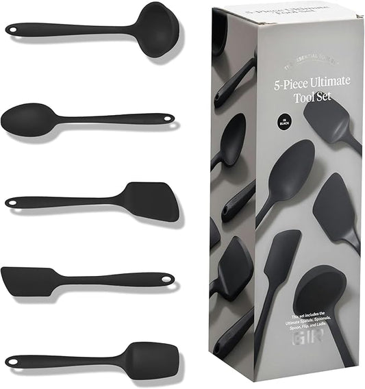 GIR: Get It Right 5-Piece Silicone Ultimate Kitchen Utensils Set - Ladle, Spatula, Flip, Spoon & Spoonula - Non-Toxic Cooking Utensils for Nonstick Cookware, Cooking and Baking - Black