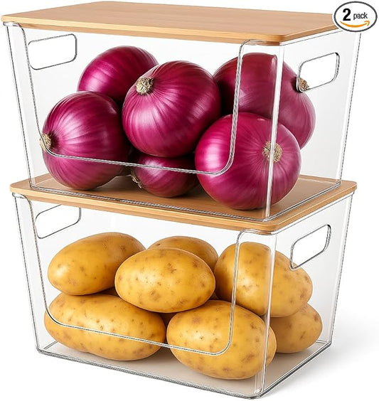 2 Set Pantry Organizers and Storage - Kitchen Organizer with Bamboo Lid for Fruit, Onion, Potato, Vegetable - Clear Stackable Bins for Kitchen Cabinet, Refrigerator, Home Organization