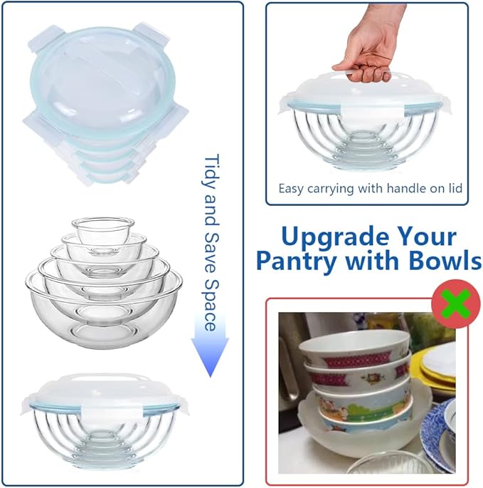 Luvan Glass Mixing Bowl with Lids Set of 5(0.2QT, 0.5QT, 1.1QT, 2.1QT, 3.75 QT), Space-Saving Nesting Bowls Anti-slip Salad Bowls for Storage, Cooking, Microwave,Freezer,Oven and Dishwasher Safe