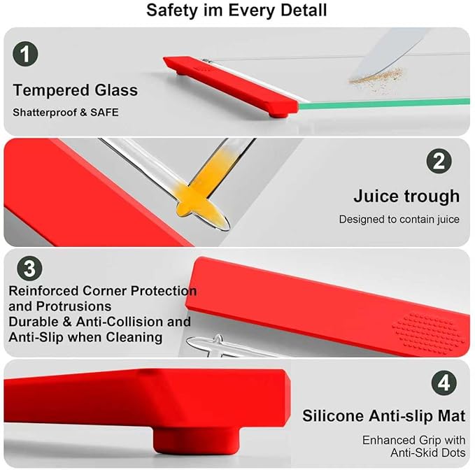 Tempered Glass Cutting Board Set for Kitchen Counter - Dishwasher Safe with Juice Grooves, Non-Slip Silicone Edges & Beveled Grip - 16"x12" & 12"x8" Serving Tray (Red-2PCS)