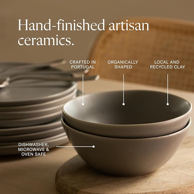 Fable Dinnerware Set - Includes 4 Each of The Dinner + Salad Plates, and The Breakfast Bowls - Dishwasher Safe, Durable Stoneware Ceramic Plates and Bowls - Speckled White