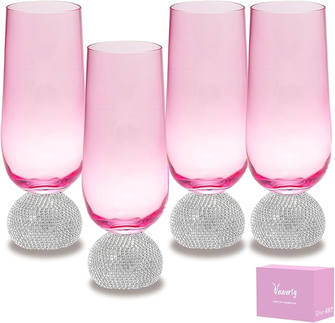 Champagne Flutes set of 4,Stemless Wedding Champagne Glasses,Unbreakable Crystal Fancy Mimosa Glasses,10 Oz Short Handle Champagne Flutes,for Engagement,Bachelorette Party,Birthday(Silver Pink)
