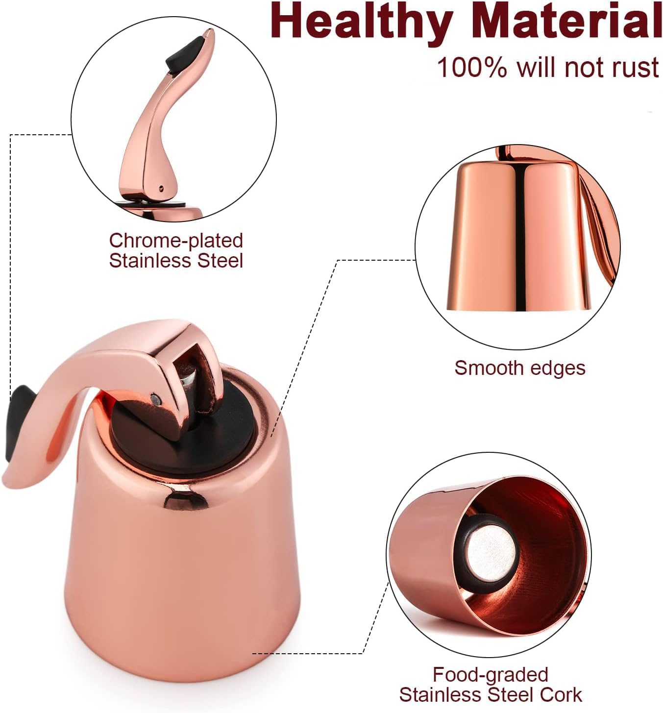 Wine Stoppers for Wine Bottles with Stainless Steel Vacuum Wine Bottle Stopper with Silicone Reusable Wine Corks, Leak proof Keep Fresh Suitable for Red&White Bottle (Rosegold, 2 Pack)