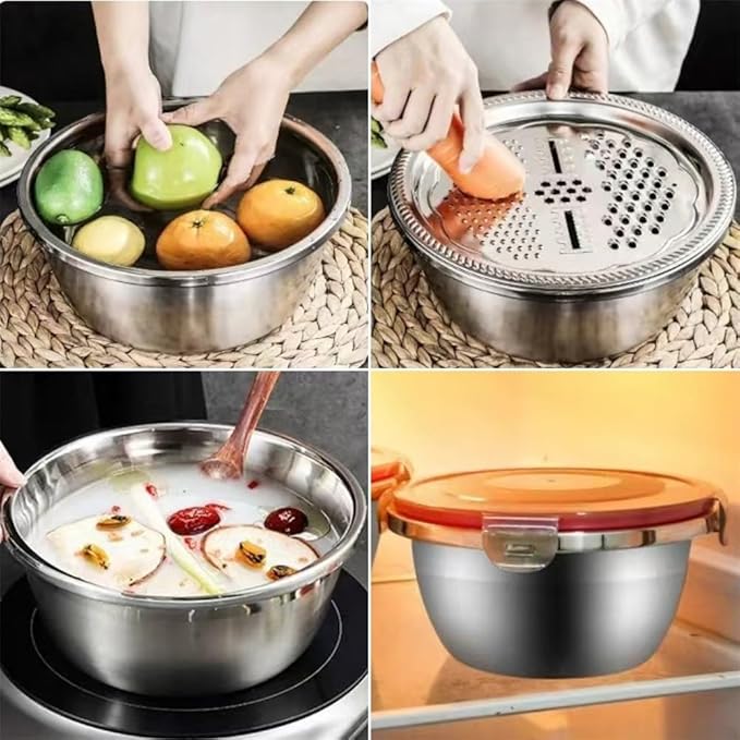 Integrated Grater and Lid on Stainless Steel Mixing Bowls 4 Pcs Kitchen Set