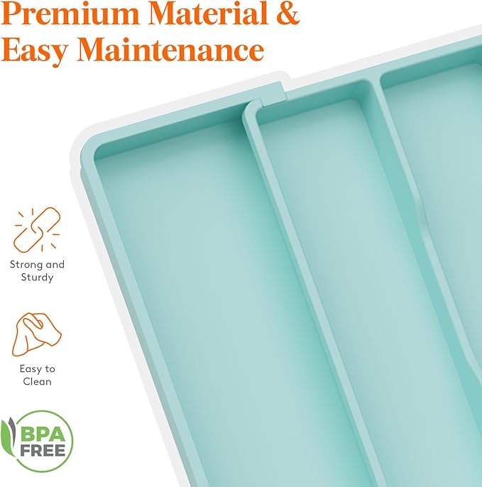 Lifewit Utensil Organizer for Kitchen Drawers, Expandable Cooking Utensil Tray, Adjustable Cutlery Silverware Flatware Holder, Plastic Spatula Tools and Gadgets Storage Divider, Large, Turquoise
