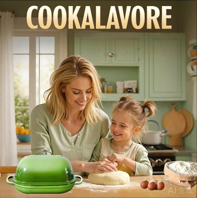 Cast Iron Bread Oven,6 QT Bread Oven,Thick Enameled Loaf Pan with Lid,Bread Pans for Homemade Bread,14.5"Dutch Oven for Bread Baking,Dutch Oven-with Silicone Baking Mat&Recipe,Gifts for Family,Green