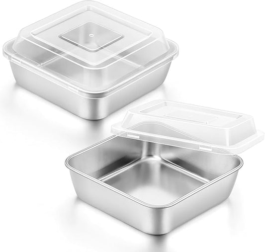 E-far 6 x 6-Inch Square Baking Pan with Lid, Small Stainless Steel Cake Brownie Pans Trays Dishes for Toaster Oven Air Fryer, Healthy & Dishwasher Safe - Set of 2(2 Pans + 2 Lids)