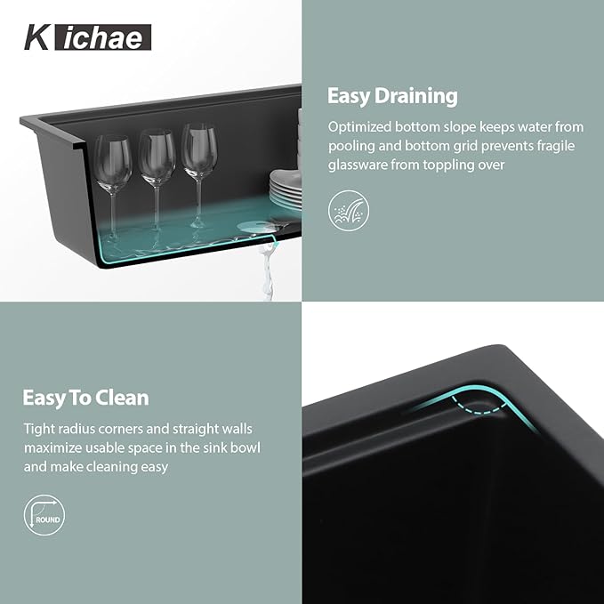 Kichae 28 inch Granite Composite Undermount Kitchen Sink - 28 x 19 Single Bowl Kitchen Sink Matte Black Quartz Workstation Kitchen Sink
