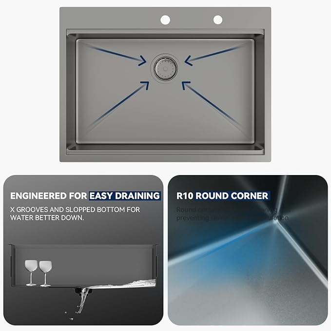 Lordear 30 Black Kitchen Sink Drop In 30 x 22 Topmount Kitchen Sinks Workstation 16 Gauge Stainless Steel Gunmetal Black Single Bowl Topmount Handmade Sink Basin with Drain Strainer