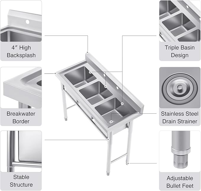 WILPREP Stainless Steel 3 Compartment Commercial Sink with s, Kitche Station with 11x10 Inch Basins, Utility Sink for Restaurant Bar Home Laundry Room Garage
