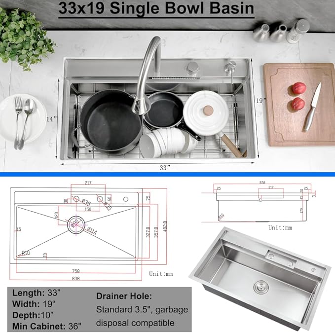 33 Inch Undermount Waterfall Kitchen Sink Workstation, 33x19 Undermount Kitchen Sink Stainless Steel Waterfall 16 Gauge Single Bowl Sinks and Faucet Combo