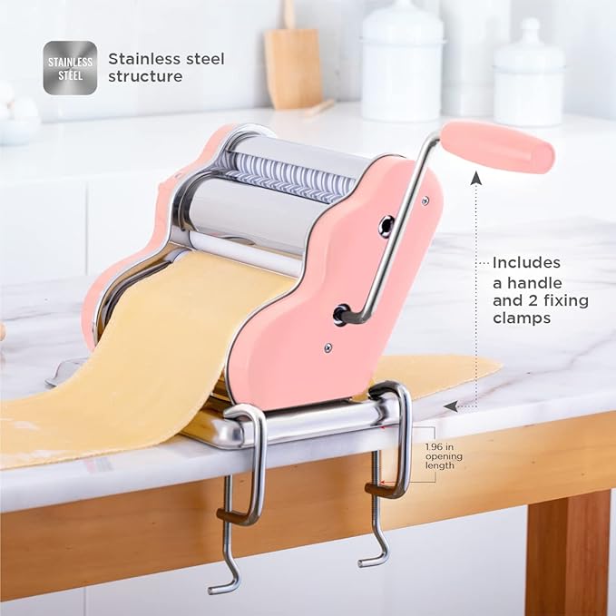 PASTALINDA Classic 200 Pasta Maker Machine, 20 cm Wide Rollers, 9 Thickness Positions, 2 Cutting Positions, Stainless Steel. Includes Reinforced Hand Crank And Two Clamps