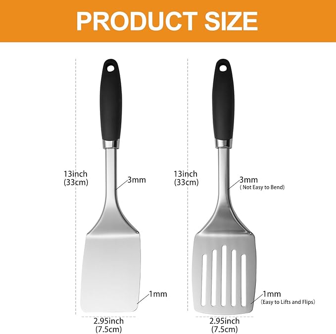 Stainless Steel Spatulas Set, 2 Pack Heavy Duty Solid & Slotted Turner, Metal Spatulas for Kitchen Use, High Heat Resistant Cooking Utensils for Fish Eggs Pancakes