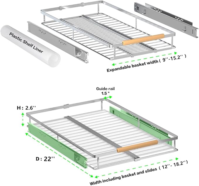Expandable Pull Out Cabinet Drawer, Slide Out Shelves Heavy Duty Metal, Kitchen Pantry Under Sink Storage Roll Out Drawer for Pots, Pans, 22.4''Deep(3 Pack)