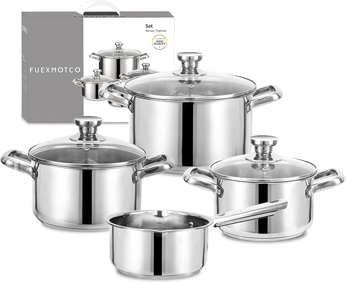 7-Piece Induction Ready Stainless Steel Cookware Set with Glass Lids,1.6QT Saucepan + 2.7QT/3.6QT/6.3QT Stockpots,Dishwasher Safe EvenHeat Tech Pro Kitchen Essentials