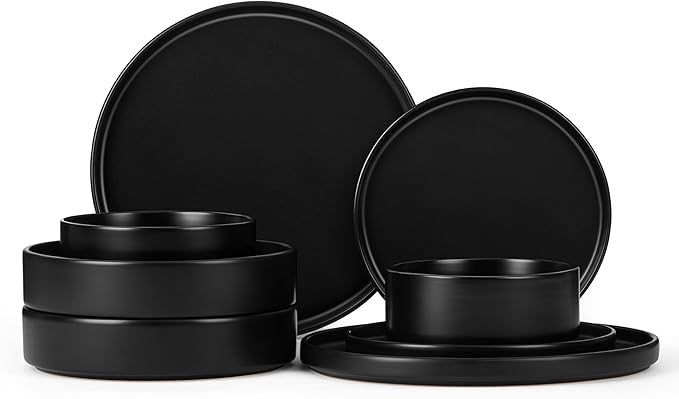 Herogo Dinnerware Sets with Pasta Bowls for 2, 8 Piece Dinner Salad Plates and Cereal Bowls, Stoneware Serving Dishes Dinner Ware for Home Kitchen, Dishwasher & Microwave Safe Dishware, Matte Black
